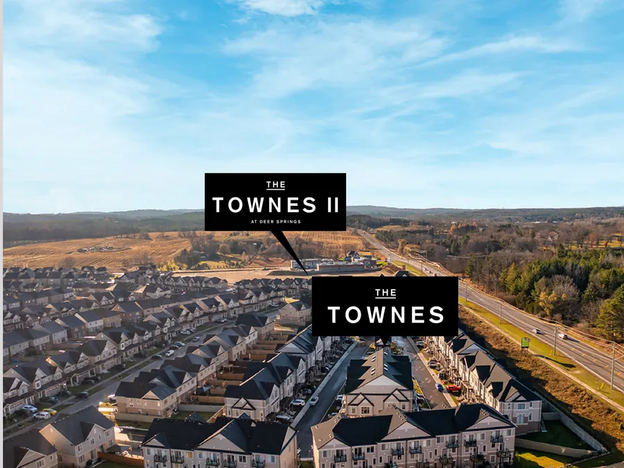 Aerial view of the Deer Springs community in Tottenham, Ontario, labelling where The Townes and The Townes II sit beside Tottenham Road