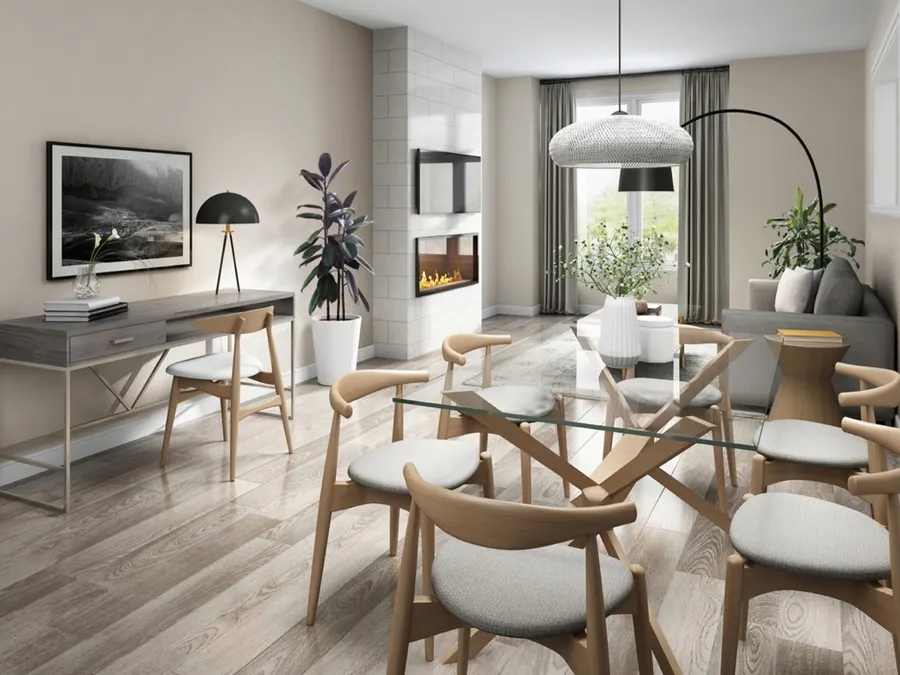 Artist's rendering of a Townes interior: open-concept dining area with light wood floors, a fireplace, and a home-office nook