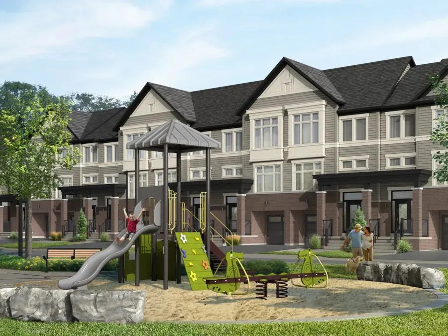 Artist's rendering of The Townes at Deer Springs: a row of back-to-back townhomes facing a landscaped parkette with a playground